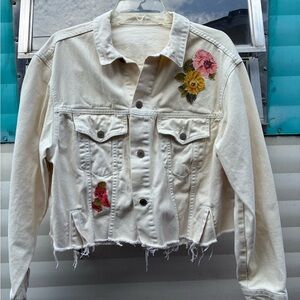 Floral Embroidered Cream Denim Jacket